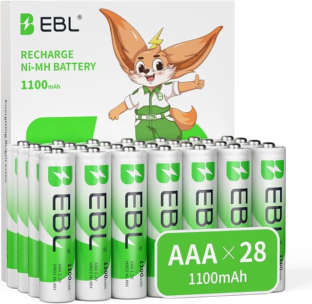 EBL AAA Batteries rechargeables(28-Counts) Haute capacité préchargée 1.2V 1100mAh Batterie rechargeable Ni-MH (cas de batterie inclus)