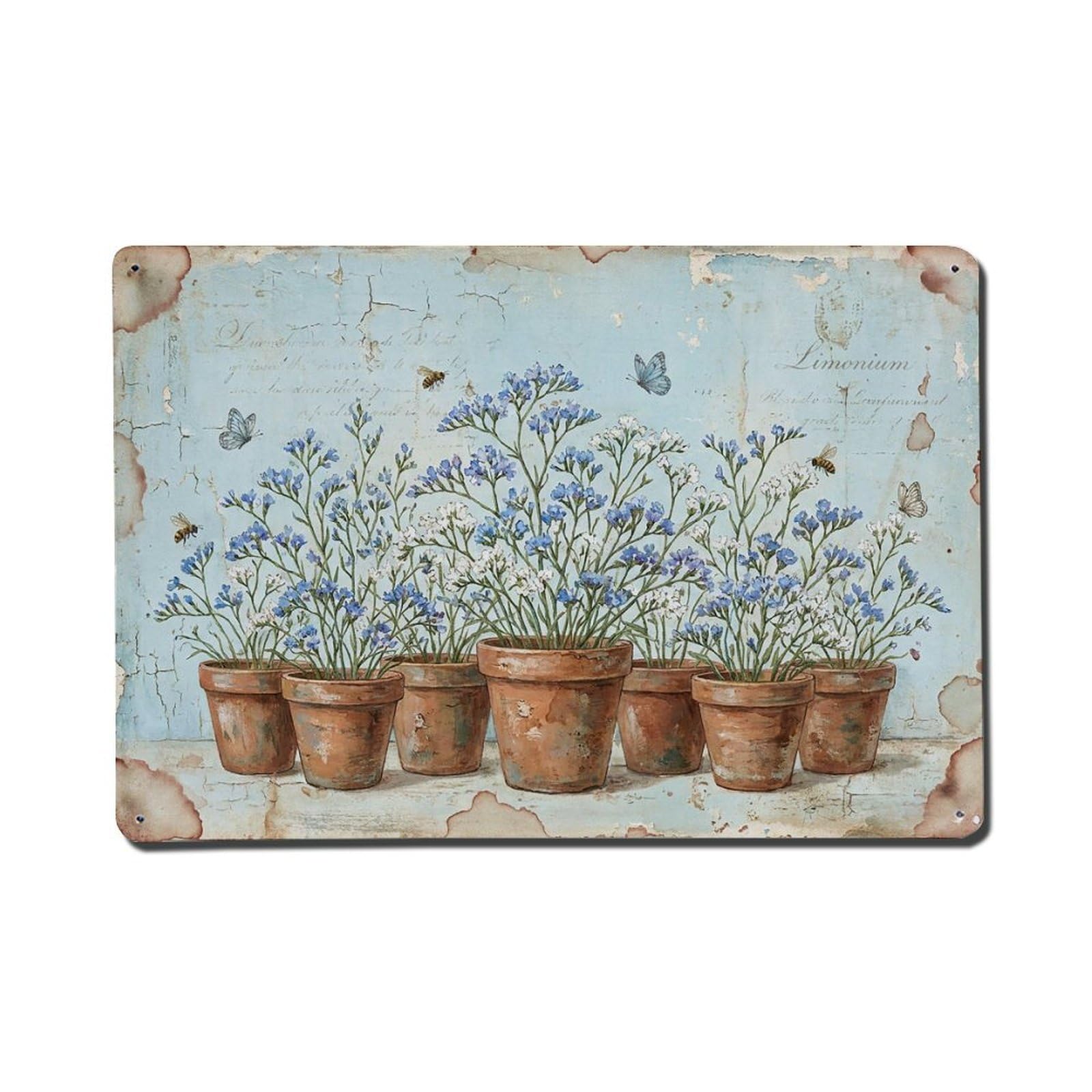 Vintage Rustic Flower Potted Plants Limonium Metal Tin Sign