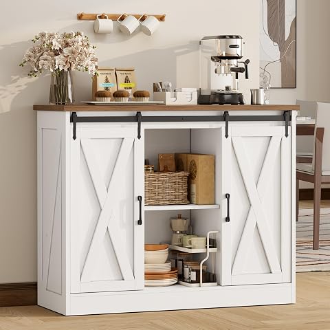Farmhouse Coffee Bar Cabinet, 42" Buffet with Sliding Barn Doors, Adjustable She