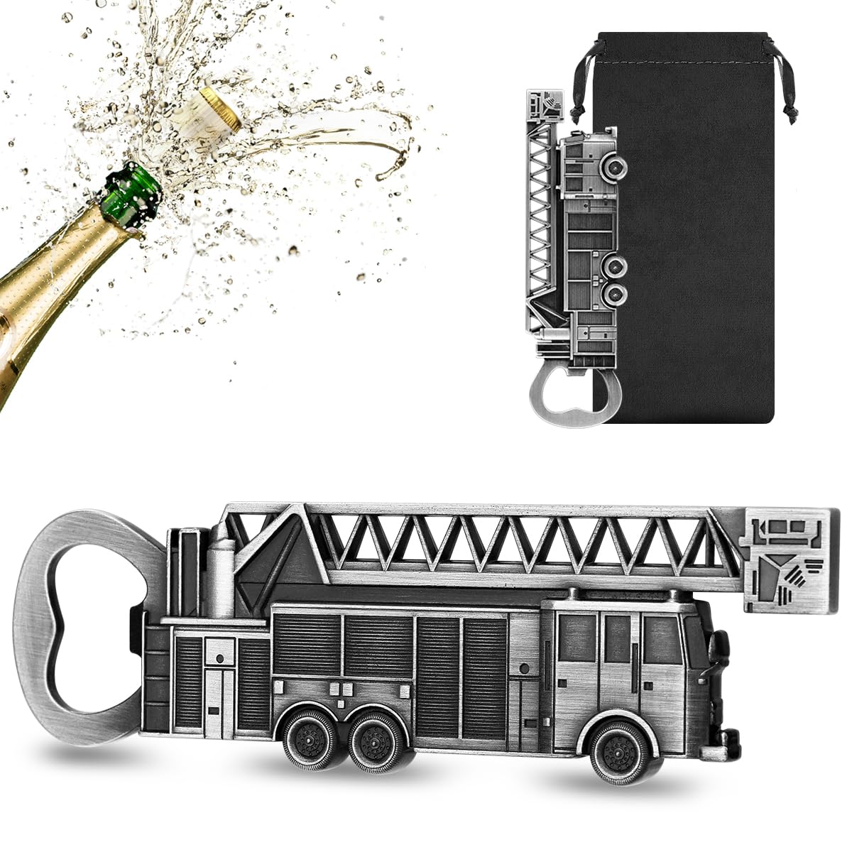 ULLEA Fire Engine Bottle Opener – Quirky Firefighter Gifts for Men, Dad, Grandpa – Silver Fire Engine-Shaped Bar Accessory with Gift Bag – Perfect for Birthday Fathers Day Christmas Pub Nights