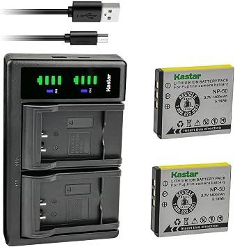 Kastar FNP-50 Battery 2-Pack and LTD2 USB Charger Compatible with Fujifilm NP-50, NP-50A Battery, Fujifilm BC-50, BC-45W Charger, Fujifilm FinePix XP100 XP110 XP150 XP160 XP170 XP200 XF1 Camera