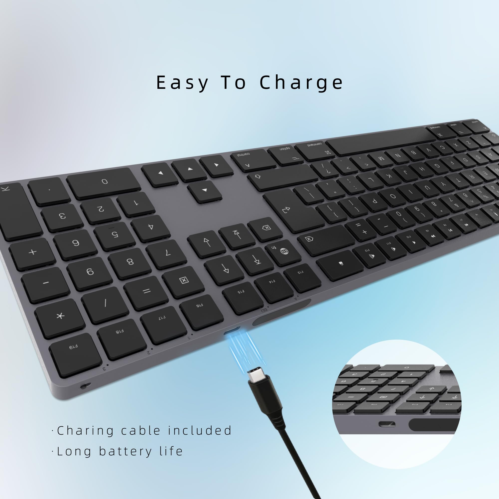Clavier Bluetooth sans fil en aluminium pour Mac, touches discrètes et silencieuses pour multi-appareils, compatible avec Apple iMac, MacBook, Mac et iPad, batterie rechargeable, gris