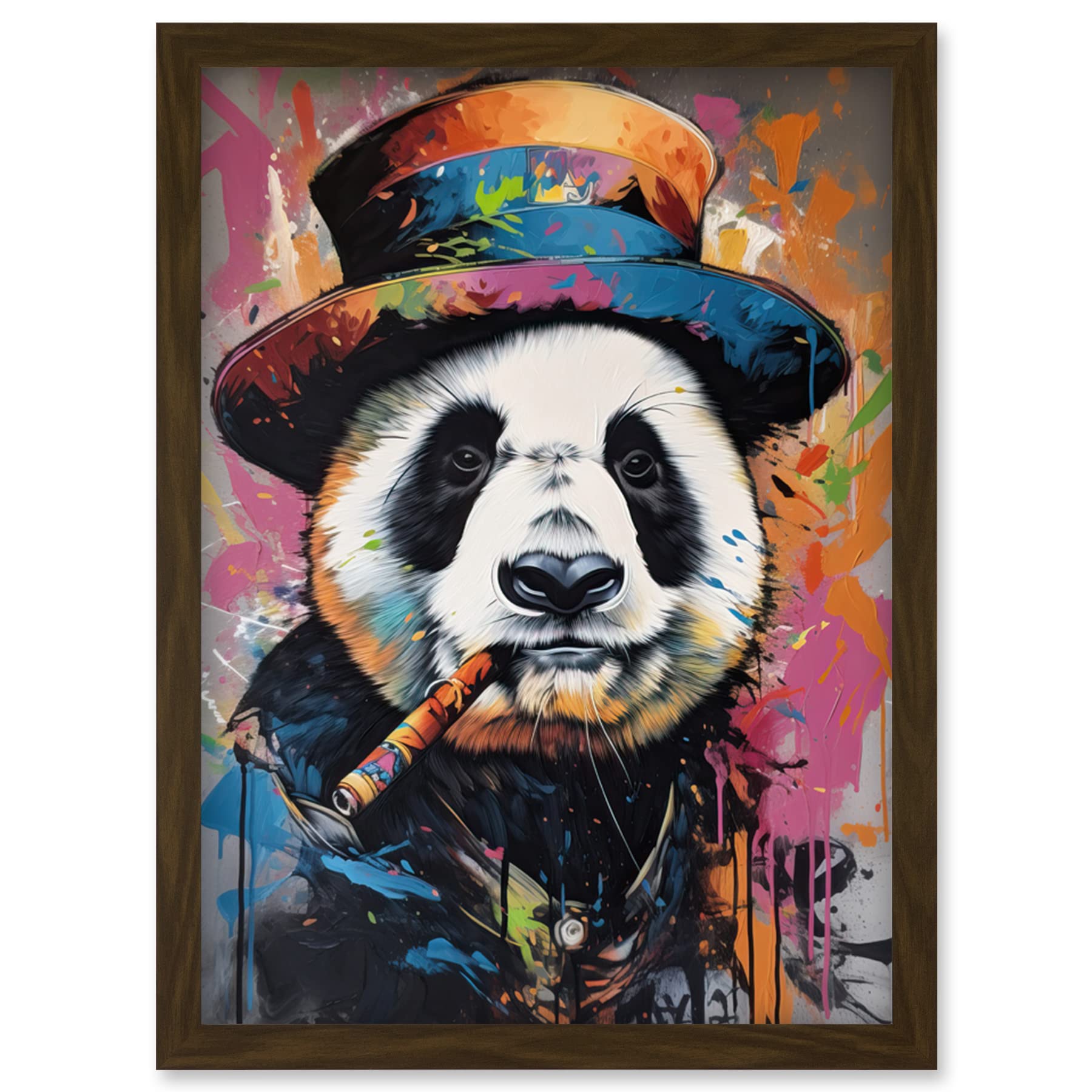Artery8 Panda Bear with a Suit Low Top Hat and a Cigar Artwork Framed Wall Art Print A4