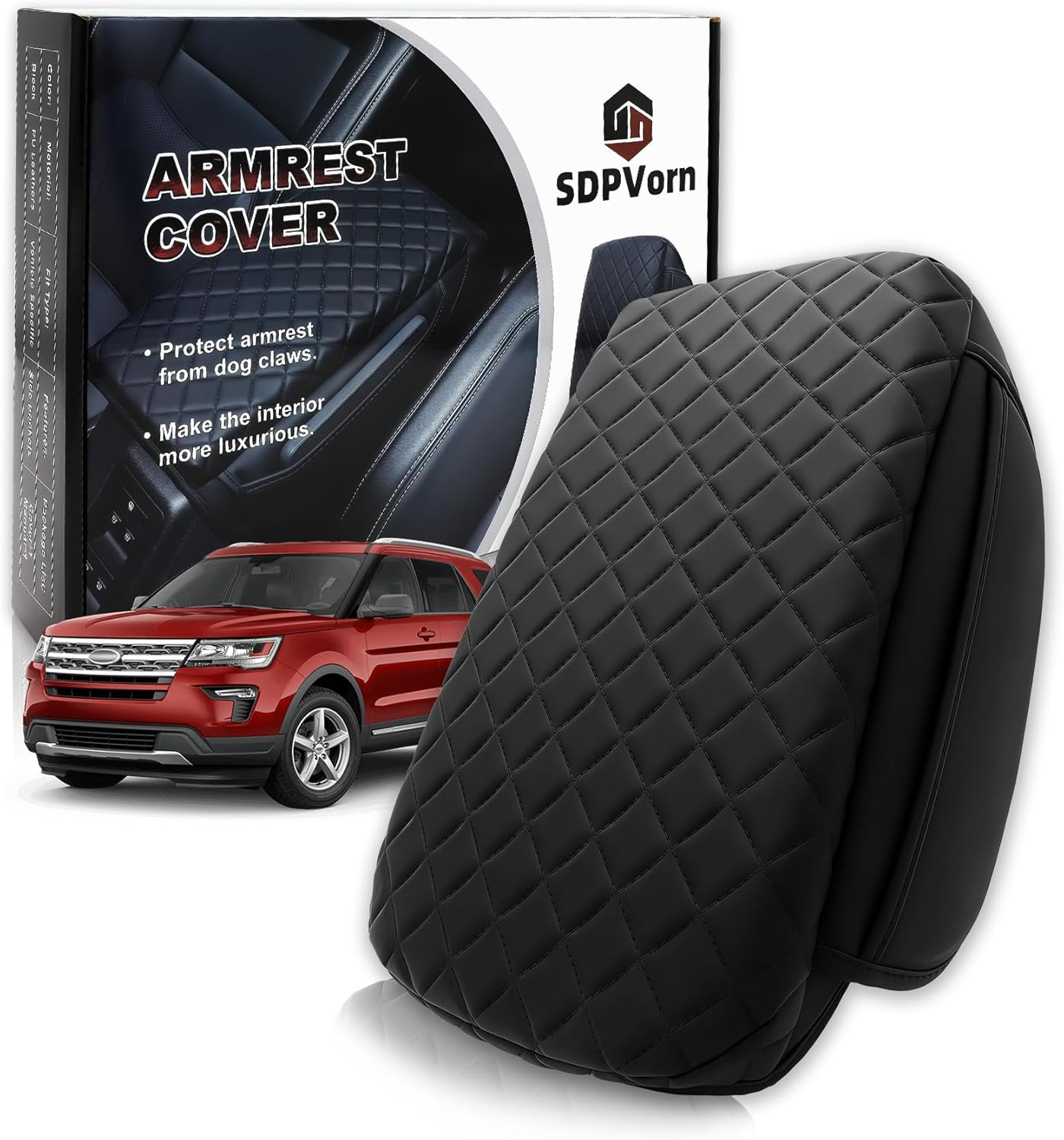 Armrest Cover for Ford Explorer Center Console Pad with Organizer Storage Pockets, Black Faux Leather Arm Rest Lid Protector Cushion Interior Accessories (2011-2019)