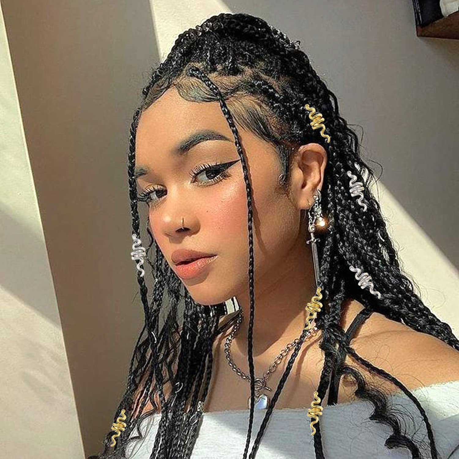 NAISKA 12PCS Loc Snake Hair Braid Jewelry for Women Braids Serpent Dreadlock Accessories Gold Silver Braid Coils Hair Clips Rings Cuffs Men Braids DIY Decoration image 5