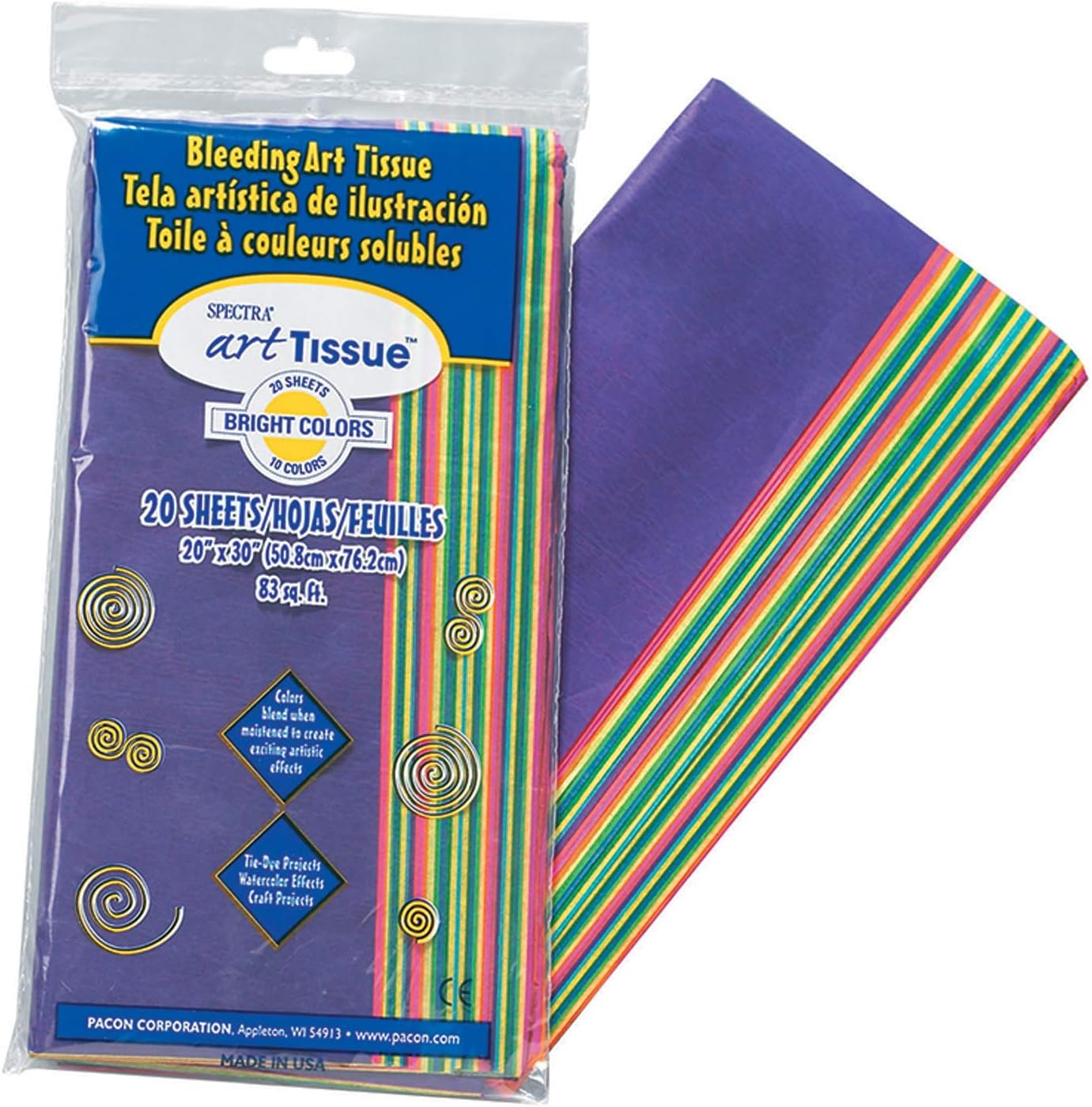 Spectra® Deluxe Bleeding Art Tissue, 10 Color Bright Assortment, 20" x 30", 20 Sheets Per Pack, 6 Packs