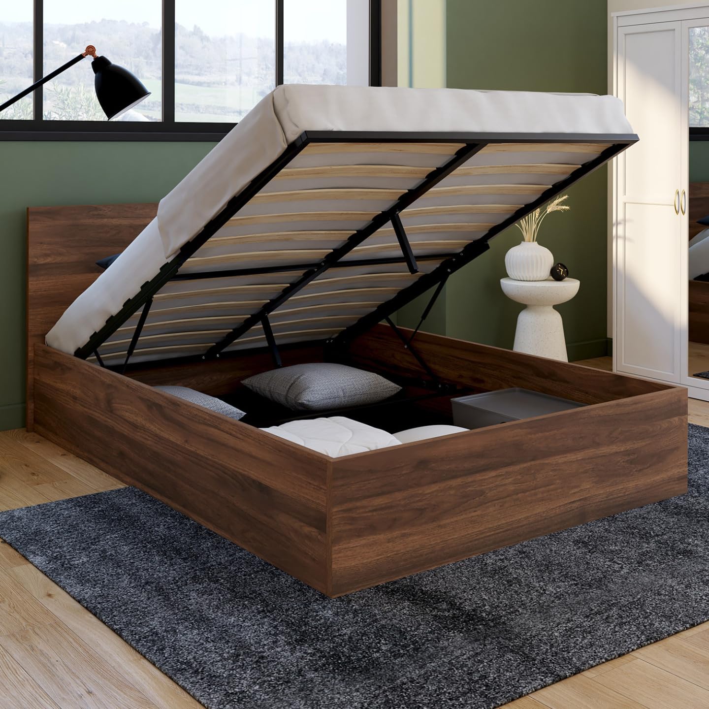 IDMarket - Lit Coffre Double Seaside 140 x 190 cm Effet Noyer