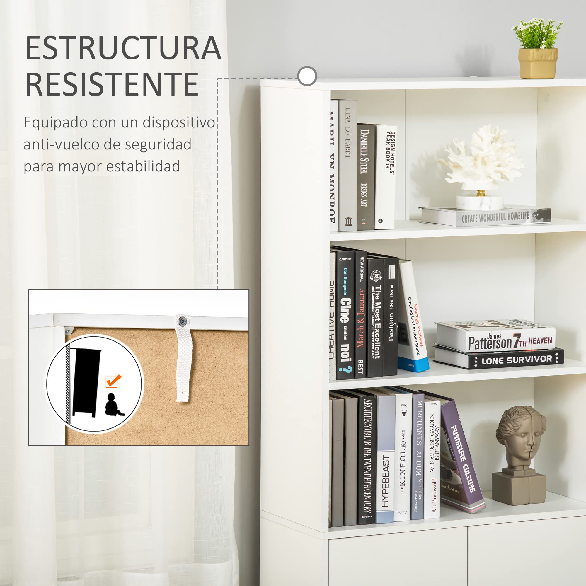 HOMCOM Estantería Librería con 3 Compartimentos Abiertos y 1 Armario con Estante Ajustable Almacenaje para Salón Estudio 70x29,5x167 cm Blanco