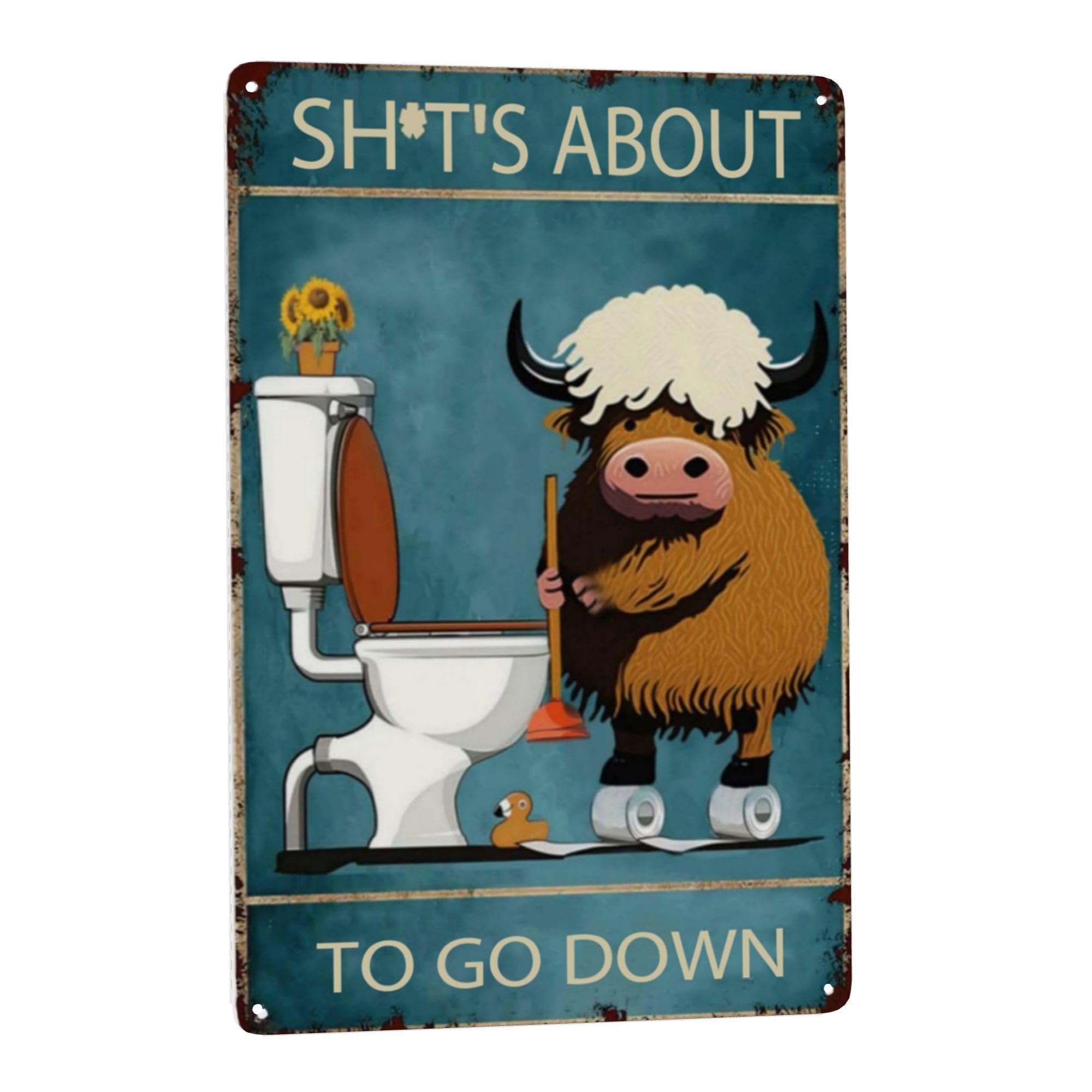 Vintage Cow Bathroom Wall Decor - Funny Highlands Cattle Metal Sign for Home, Farm & Restroom - Unique Hippie & Boho Style Poster - Great Gift for Cow Lovers - Rustic Retro Tin Art - 8x12 Inch