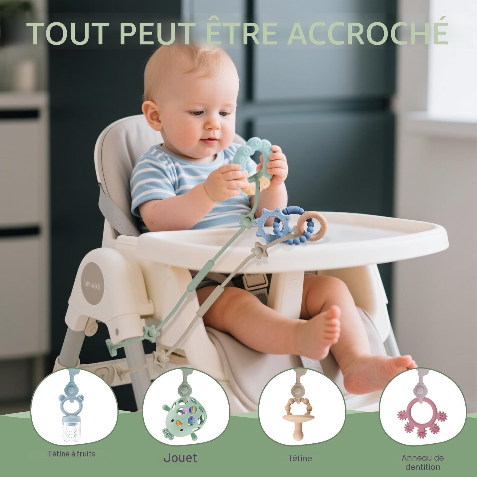 Lot de 5 attache-tétines en silicone avec clip réglable - Chaîne de poussette - Sans BPA