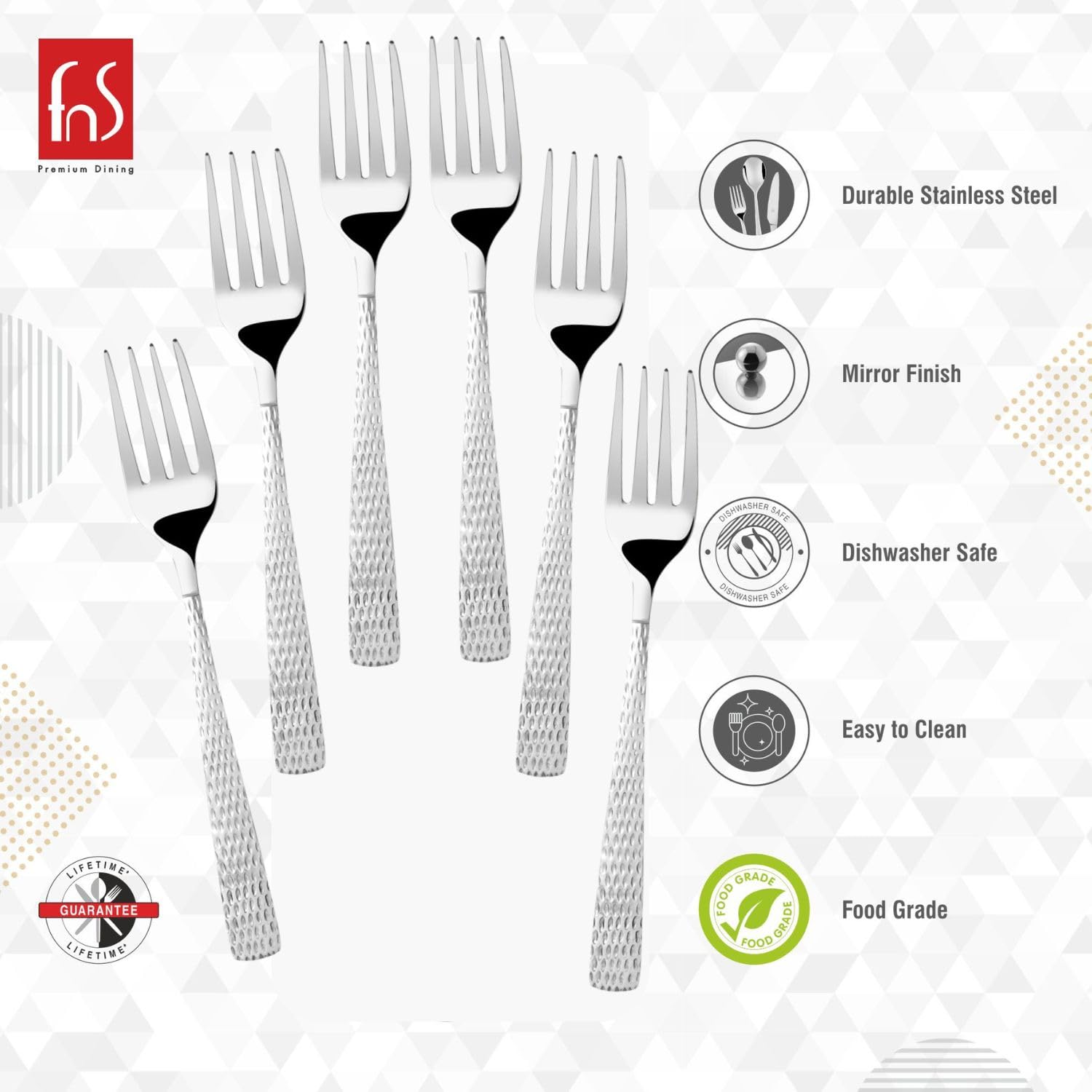 FnS Madrid 6 Pieces Stainless Steel Dinner Fork Set with Hammered Finish Handle | Premium Mirror Finish Table Forks for Pasta, Salad, Fruits & Dining | Cutlery for Home, Kitchen & Restaurant 1