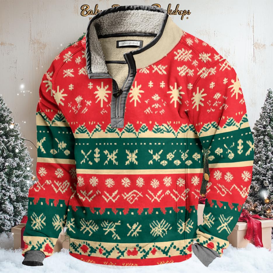 Mens Christmas Sweatshirt Vintage 1/4 Zip Jackets Fleece Stand Collar Merry Christmas Sweatshirts with Pockets2