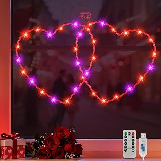 Lewondr 34 LEDs Valentines Day Double Heart Window Lights