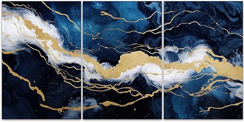 Miniatura 2 de GLOKAKA Lienzo moderno con textura de mármol de 3 paneles, arte para la pared, arte abstracto con impresión en color dorado y azul, obra de arte