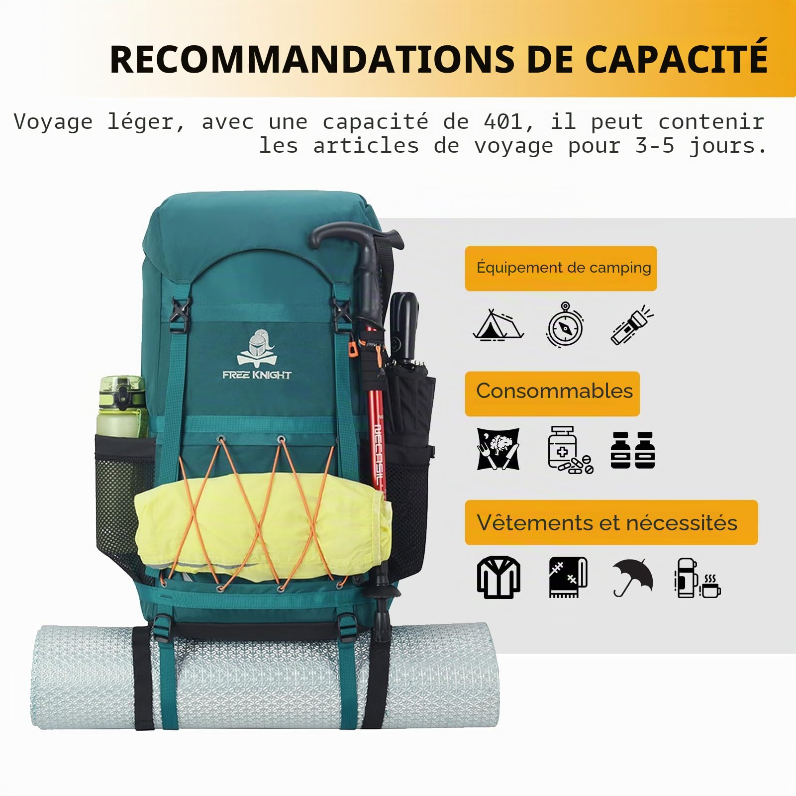 Bseash Sac à dos de randonnée imperméable 40 L avec housse de pluie, sac de voyage pour le camping, l'escalade, le cyclisme, le ski