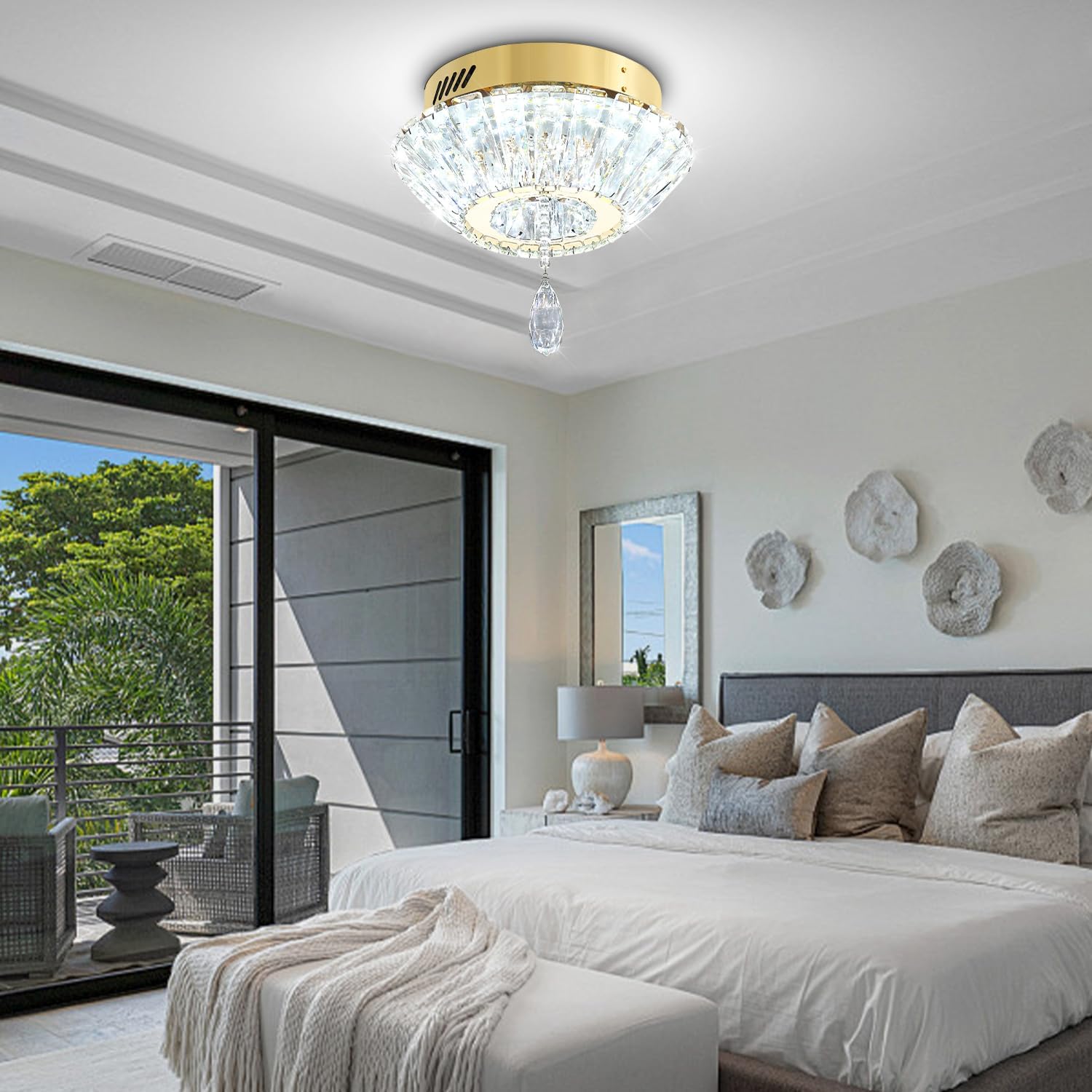 11.8" Mini Gold Crystal Chandelier LED Modern Flush Mount Ceiling Light for Hallway,Bedroom, Kitchen,