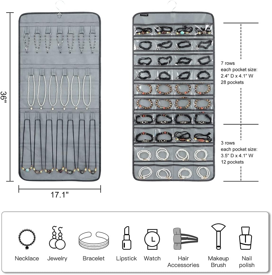 Dual-sided Hanging Jewelry Organizer with 40 Pockets and 20 Hook Loops Necklace Holder Jewelries Organizer for Earrings Bracelets Rings with 360 Degree Rotating Hanger (40 Pockets and 20 Hook Loops-Grey)