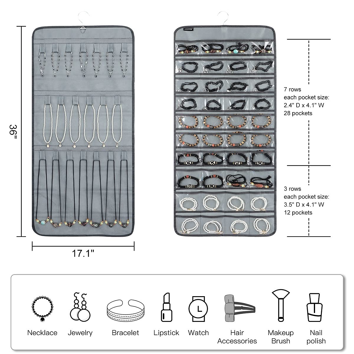 ANZORG Dual-sided Hanging Jewelry Organizer with 40 Pockets and 20 Hook Loops Necklace Holder Jewelries Organizer for Earrings Bracelets Rings with 360 Degree Rotating Hanger (40 Pockets and 20 Hook Loops-Grey)