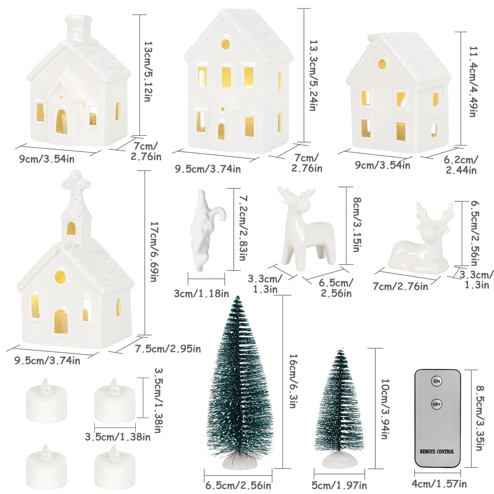 Weihnachtsdekorationen für den Innenbereich, 9-teiliges Weihnachtsdorf-Set mit 4 Fernbedienungen, beleuchteten Keramikhäusern, 2 Bäumen, 2 Hirschen und Weihnachtsmann, neutralweiß