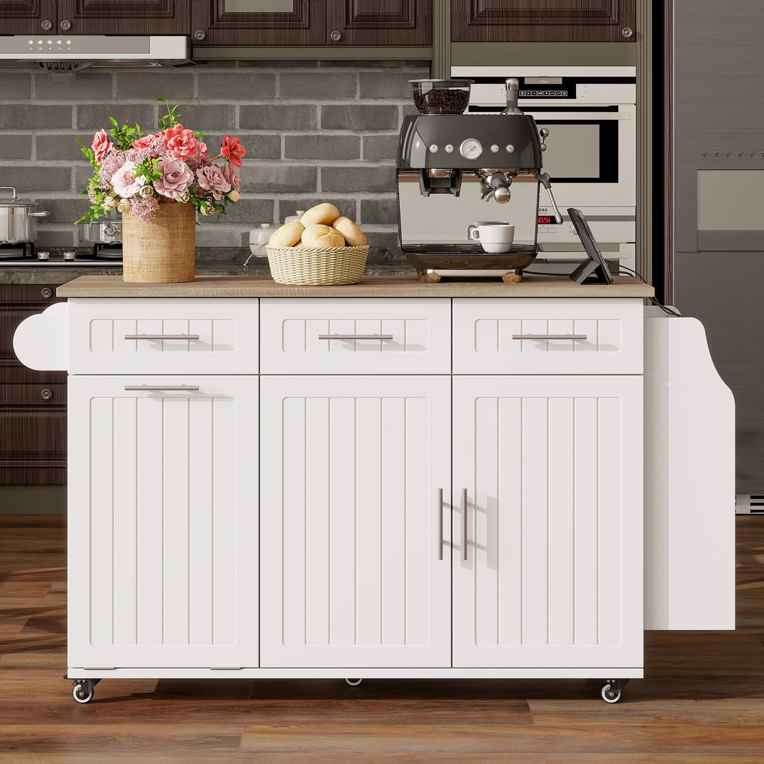 Îlot de cuisine mobile avec rangement poubelle et tiroirs chariot blanc