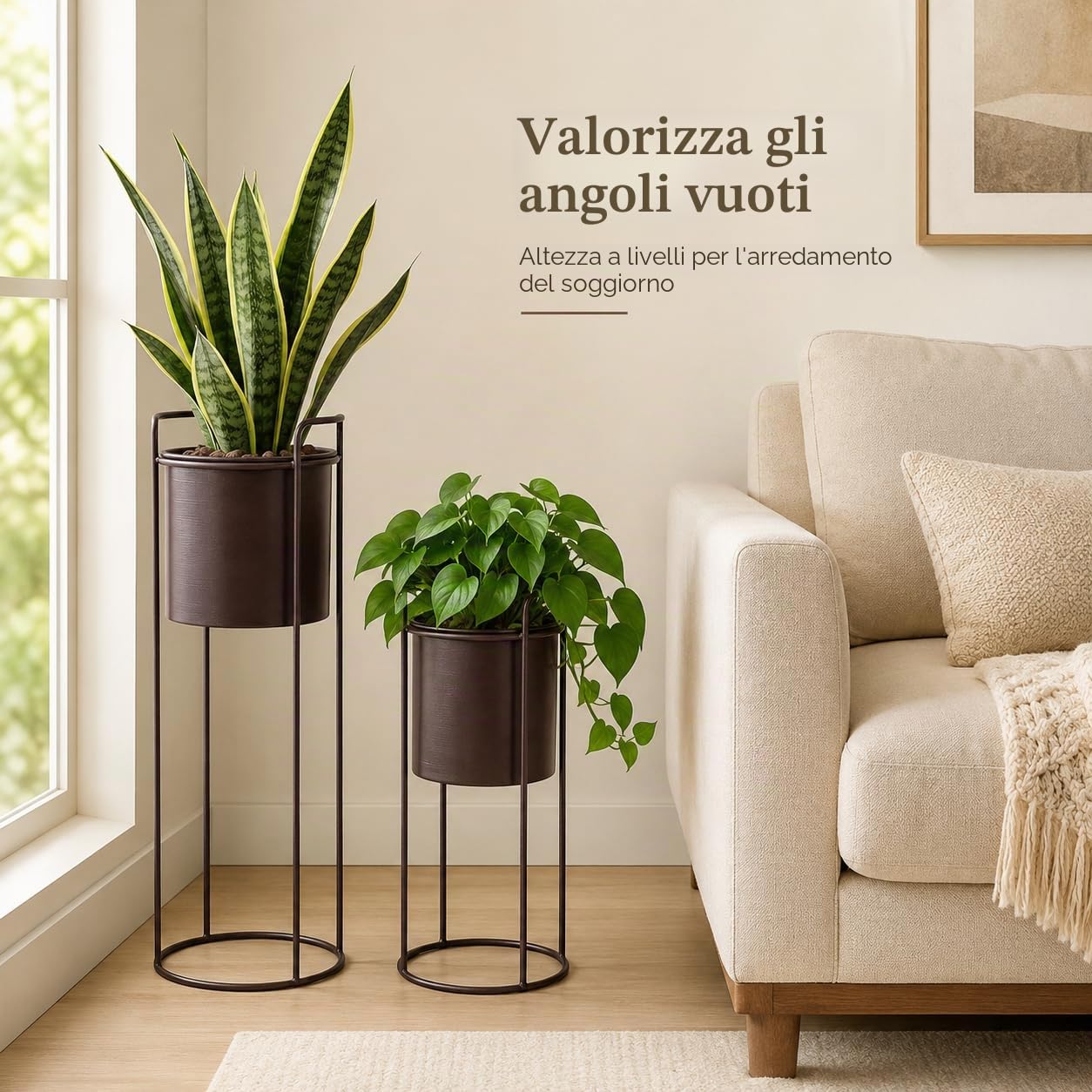 TRIROCKS Set di 2 fioriere con supporto, grande fioriera in metallo per piante da interno, alte 28 e 18 pollici, vasi per piante per soggiorno, angolo cucina, ufficio, giardino, balcone, patio