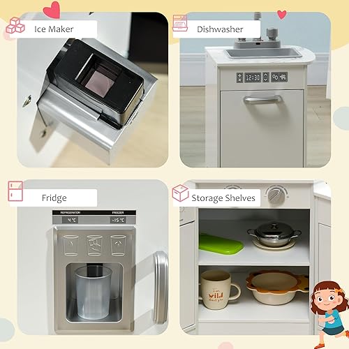 Miniatura 6 de Qaba Juego de cocina de madera para niños pequeños, juguete de simulación para niños con luces, sonidos, delantal y sombrero de chef, máquina de