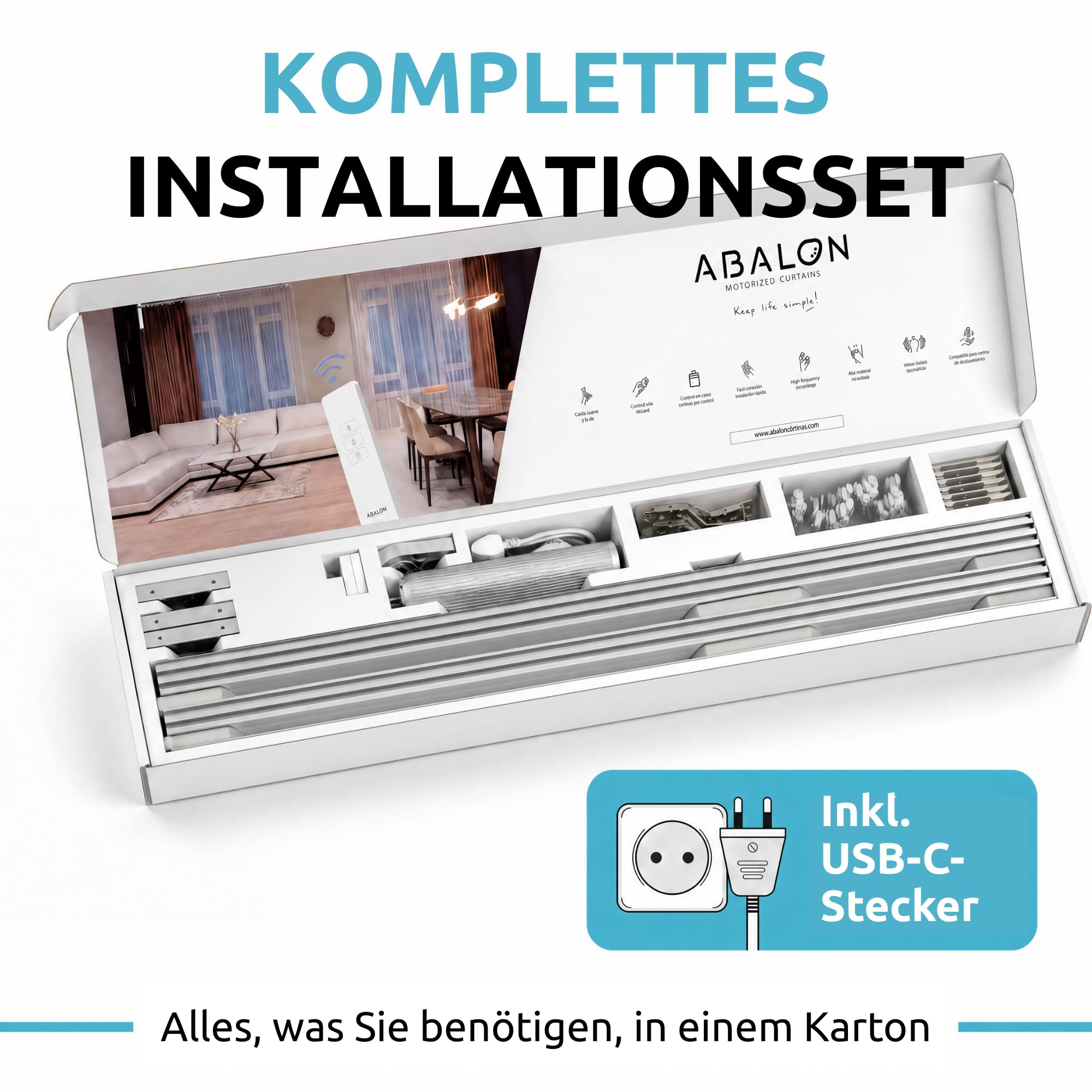 ABALON Elektrische Gardinenschiene, WLAN-Motor (2 Meter, Grau) | WLAN-Motor kompatibel mit Alexa, Google Home und der Tuya Smart App, Inklusive Fernbedienung, Wand- oder Deckenmontage