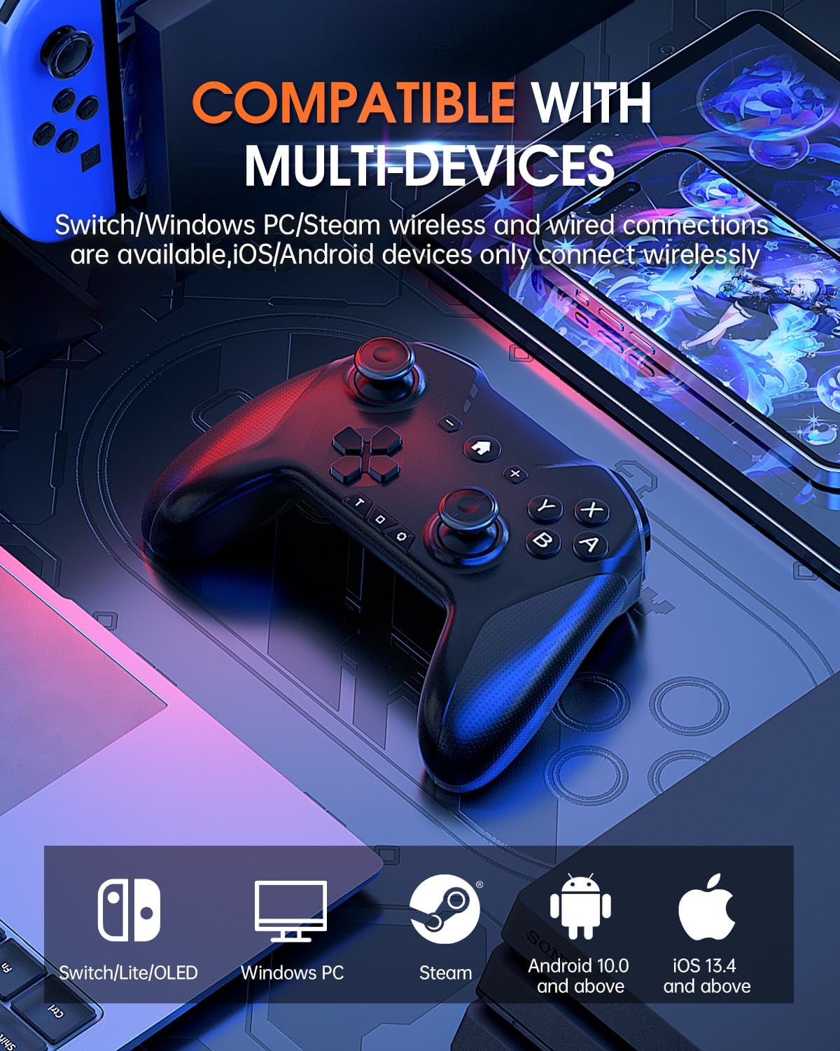Ligame Switch Pro Controller, Bluetooth Wireless Gamepad for Switch/Lite/OLED, Windows, Android, iOS And TV, Support to Programming/Turbo/Motion/Macros 6-Axis/Wake-up Functions, Black