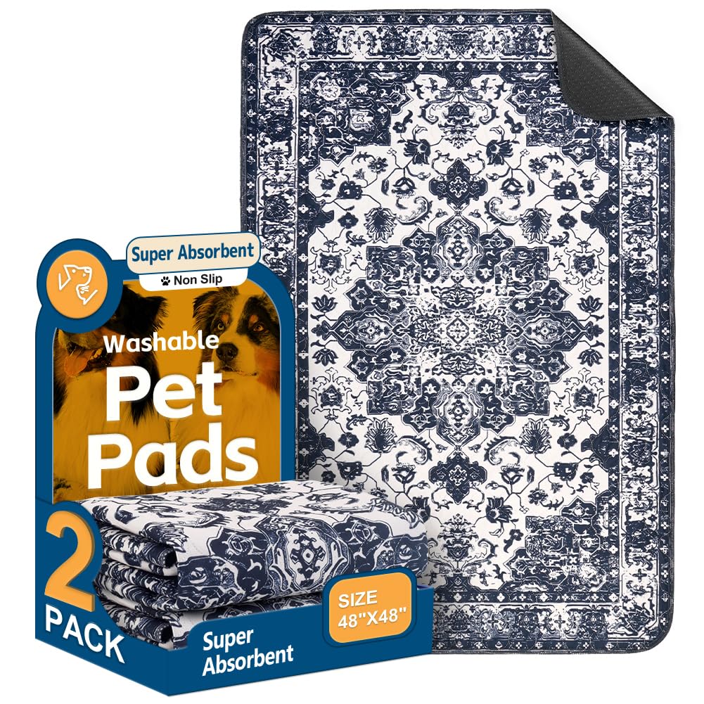 Washable Pee Pads for Dogs, 2 Pack Reusable Puppy Training Pads 48"x48" Super Absorbent Waterproof Dog Training Pads, Non-Slip Potty Pads, Whelping Pads Litter Mat Navy Blue