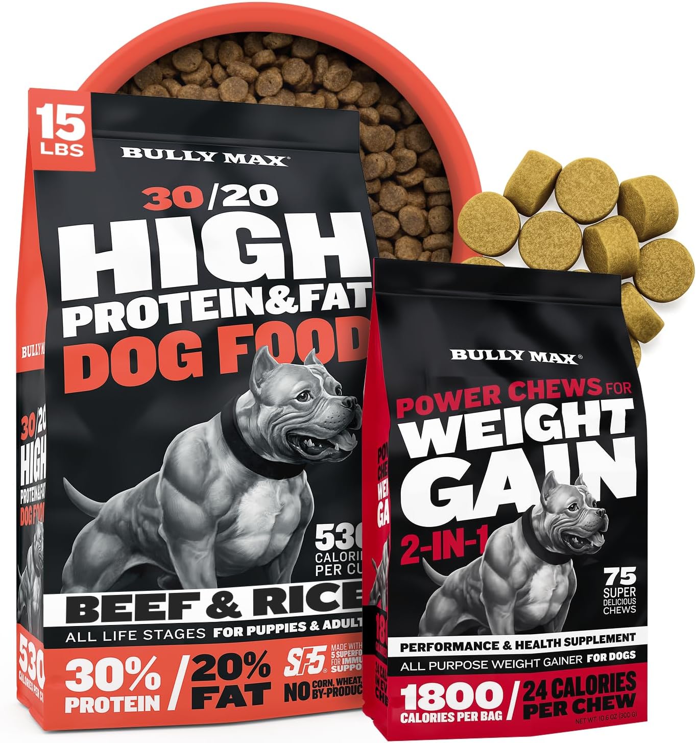 Bully Max Muscle & Weight Support Bundle – 30/20 High Protein Beef Dog Food 15 lbs. + Power Chews for Weight Gain – High Calorie Daily Nutrition with Added Chews for Underweight and Active Dogs