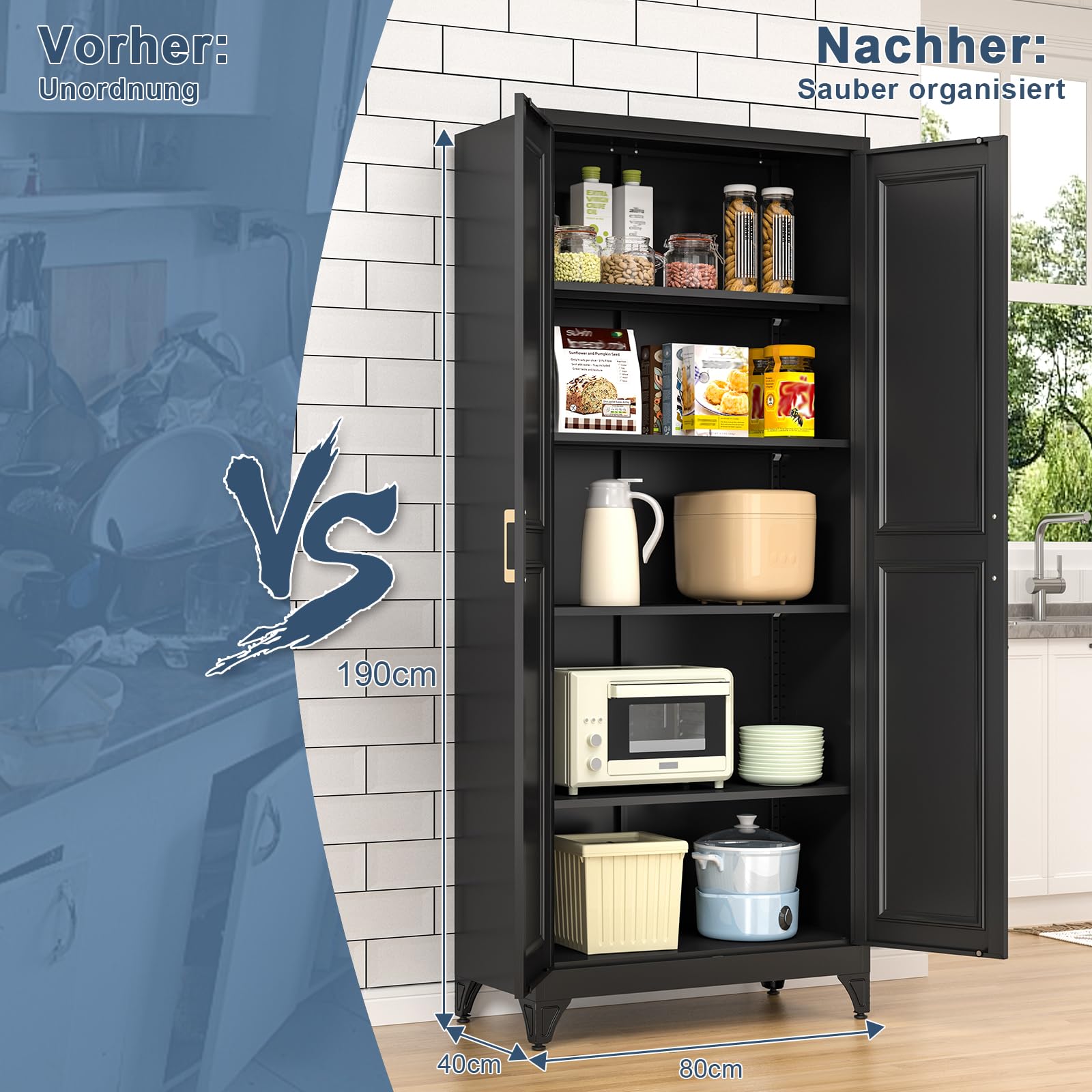 Metallschrank,190 x 80 x 40 cm Aktenschrank mit 4 verstellbaren Einlegeböden Stahlschrank Aufbewahrungsschrank mit 2 Türen Mehrzweckschrank für Schule Haus Büro Garage Schwarz