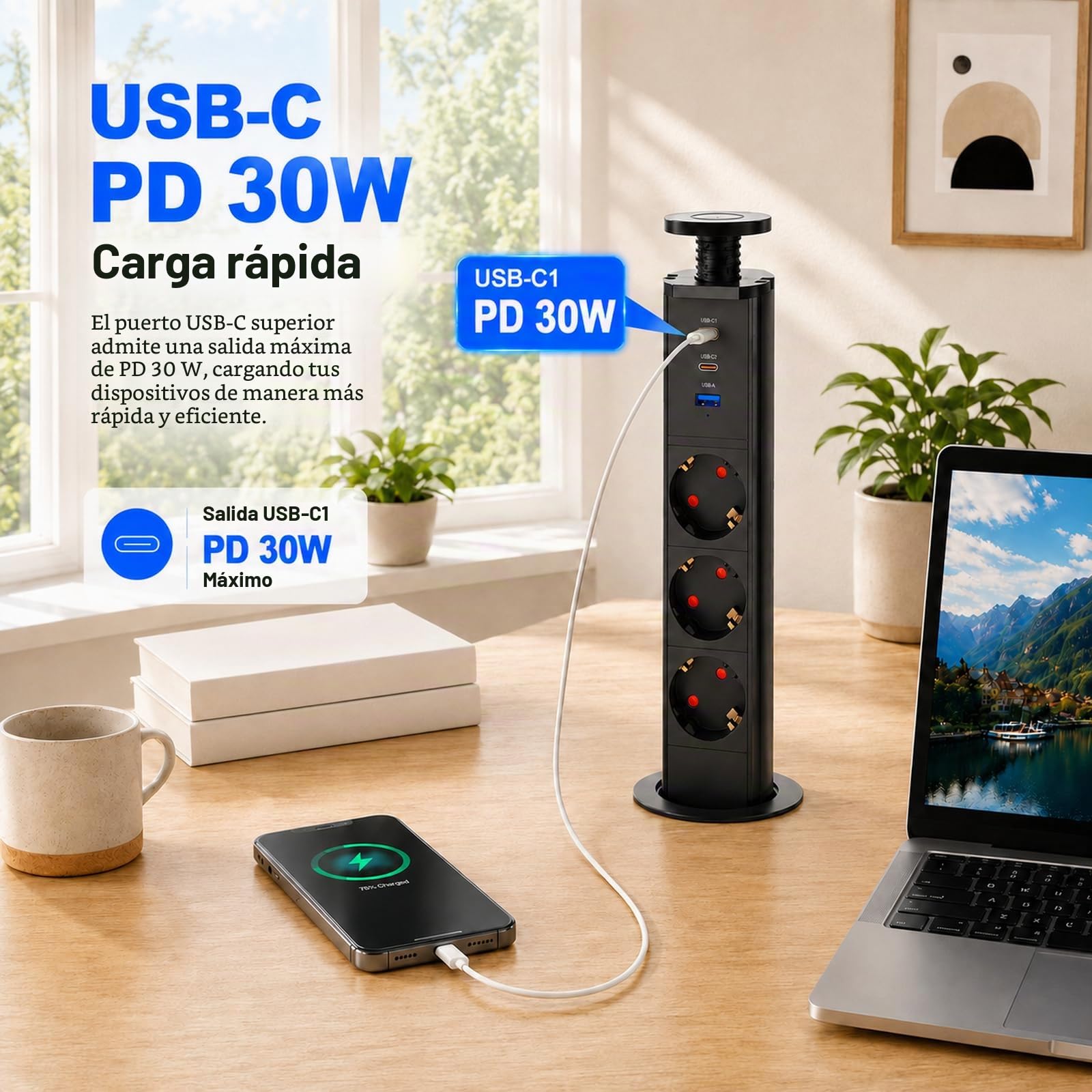 Enchufe empotrable retráctil con 3 Tomas, USB-C PD 30W, Ø60 mm | Regleta empotrable con USB-C2 y USB-A 15W, 4000W/16A, cable 1,8 m, escritorio, cocina y oficina, negro
