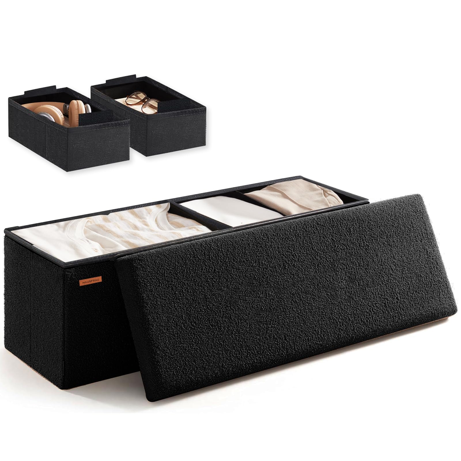 Photo 1 of HAUSFRAU Ottoman with Storage, Sherpa Folding Storage Bench Foot Rest, Modern Upholstered Seat for Living Room, Entryway, Bedroom, Black