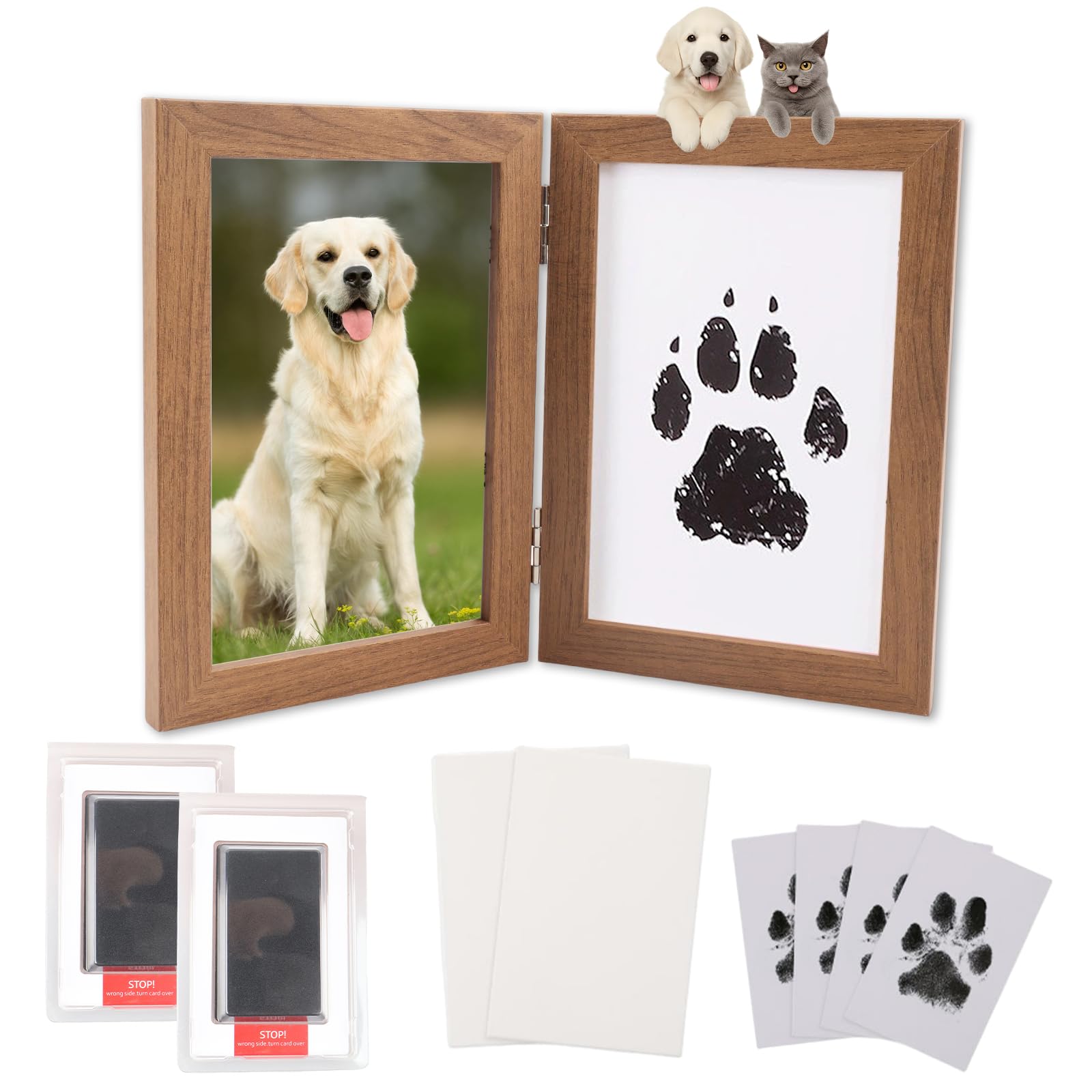 XIANJIA Pet Paw Print Kit for Dogs, Newborn Hand and Footprint Kit Inkless Hand & Footprint Kit Includes Wooden Photo Albums, 2 Paw Print Ink Pad and 4 Imprint Cards