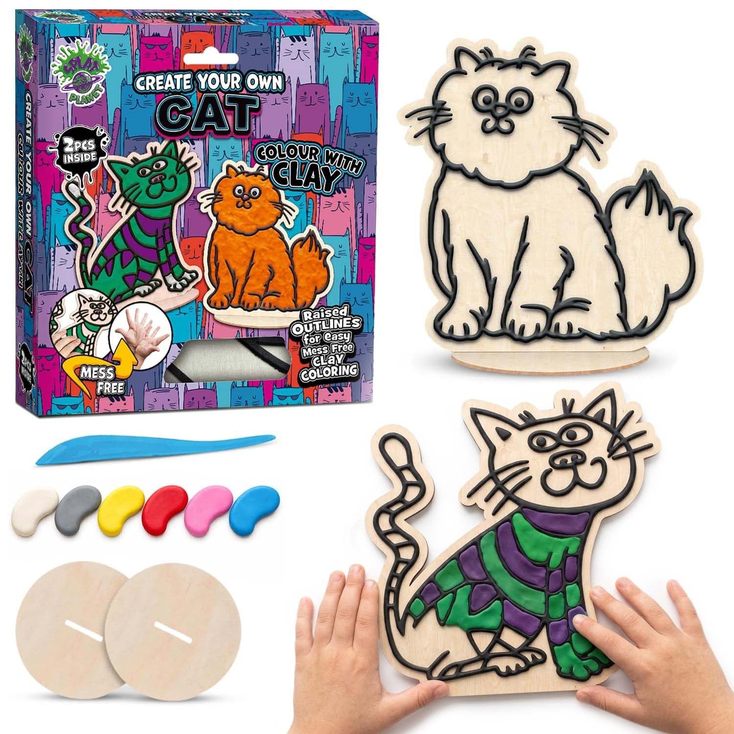 Splat Planet Cat Clay Colouring Kit for Kids – 2 PK DIY 3D Art Craft Kit with Air-Dry Clay, Mess Free Clay Colouring, Creative Kids Arts and Crafts Activity Set, Cute Cat Craft Gift.