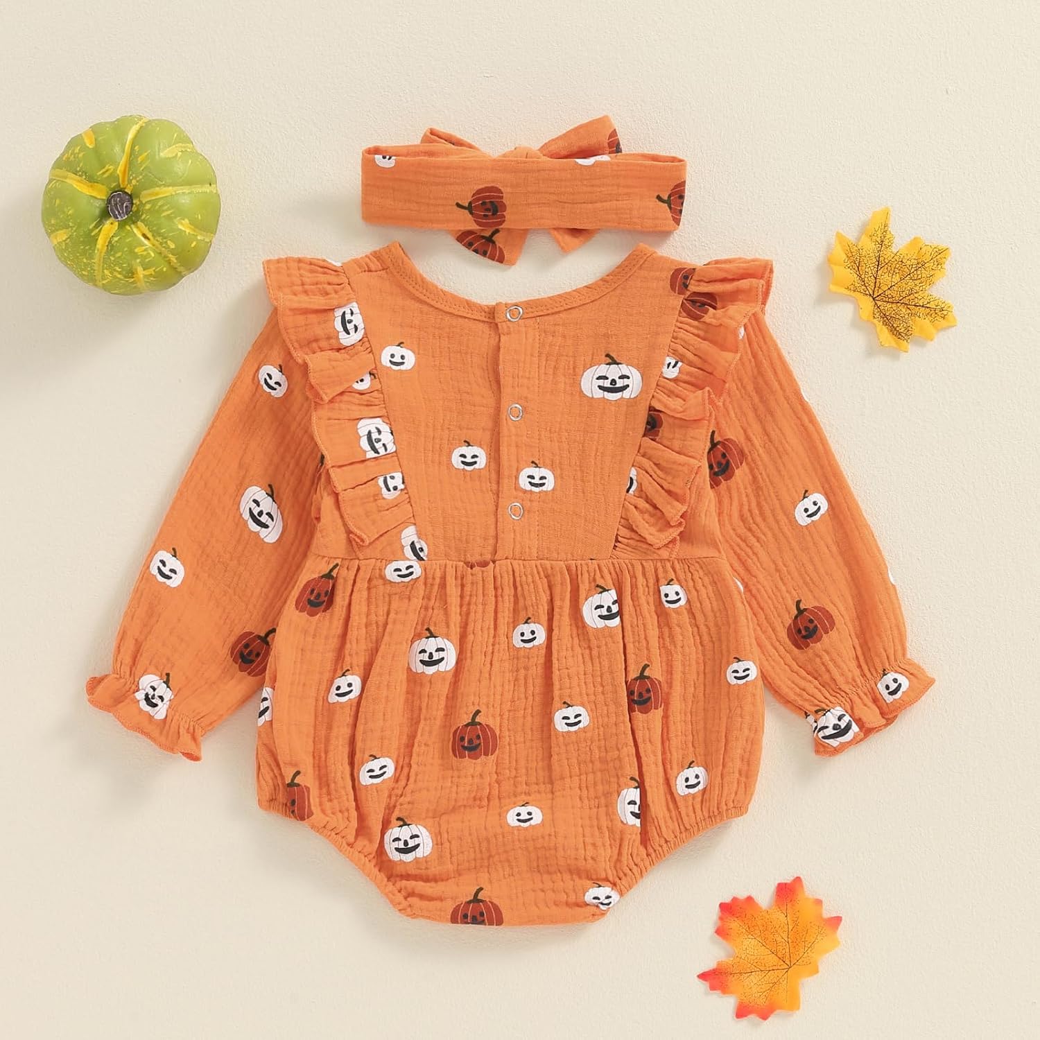 Fall Baby Girl Clothes Pumpkin Long Sleeve Bubble Romper Ruffle Bodysuit Jumpsuit Halloween Outfit with Headband - Image 3