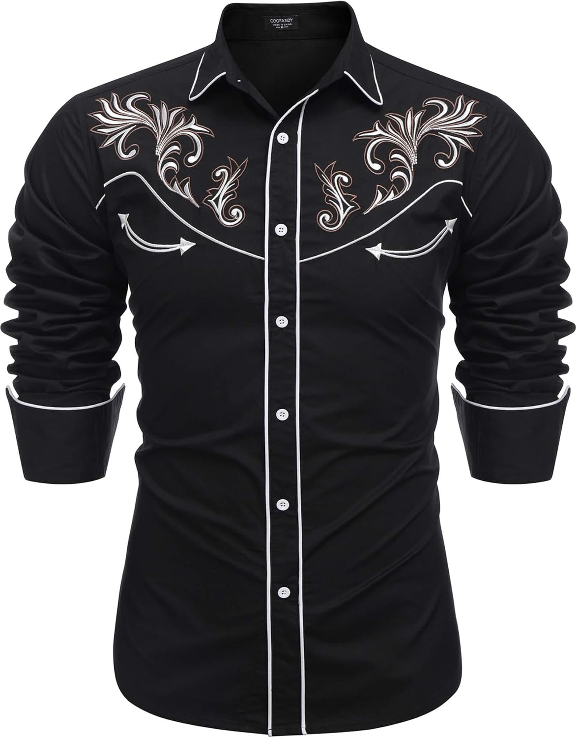 COOFANDY Men's Western Cowboy Shirt Long Sleeve Embroidered Shirt Slim Fit Cotton Casual Button Down Shirt