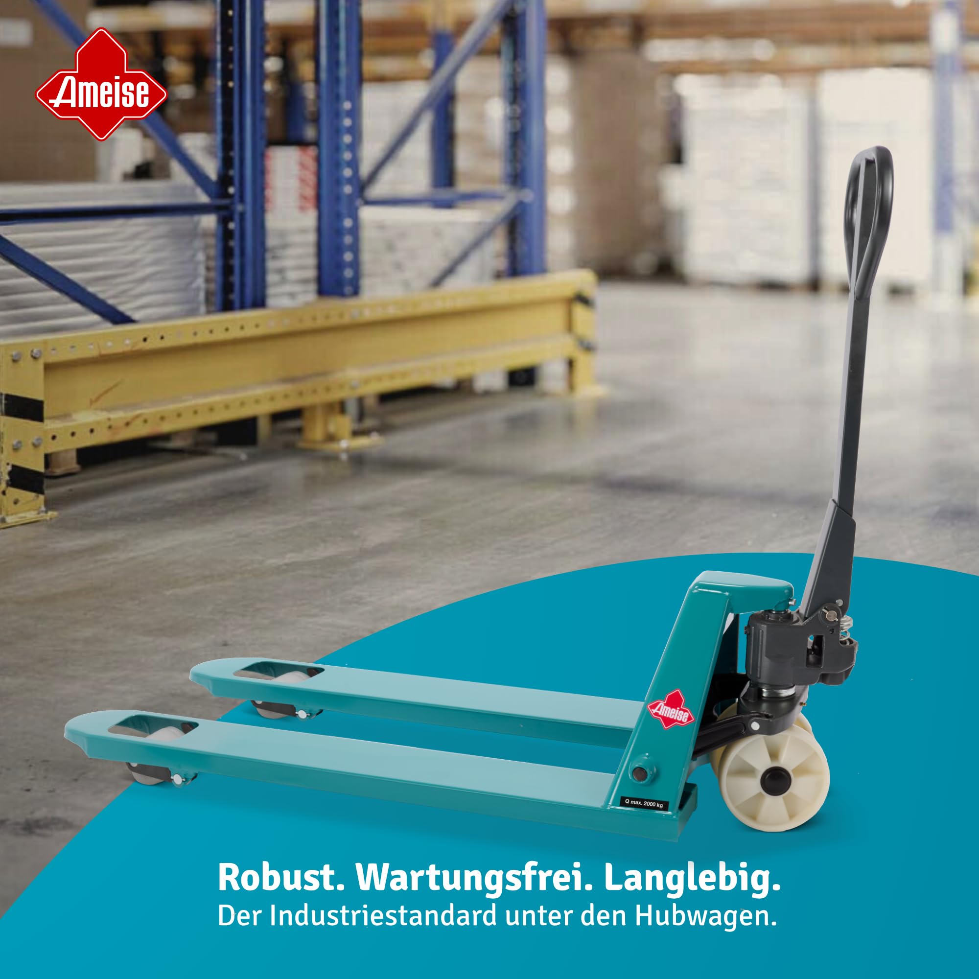 Ameise Hubwagen PTM | 2.000 kg Tragkraft | 1.150 mm Gabellänge | Lenkrad/Gabelrolle aus verschleißarmen Nylon | Einfach-Gabelrollen | Palettenhubwagen