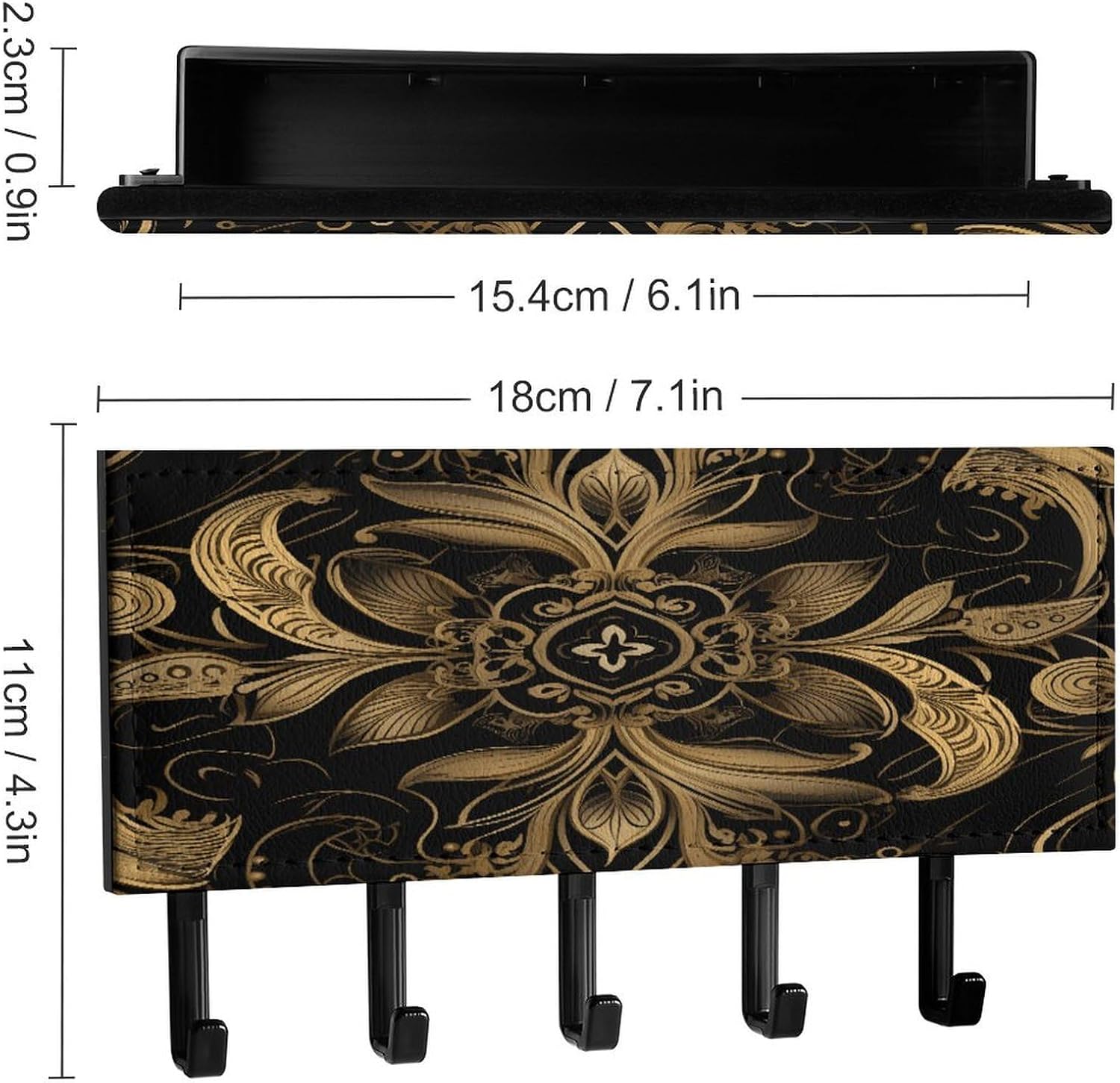 PU Leather Key Holder Wall Mount Key Organizer, Decorative Adhesive Key Rack with 5 Key Hooks, Fashion Black Golden Pattern Key Hanger Decor for Entryway Door Bathroom Kitchen Hallway