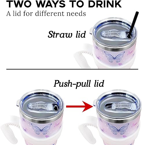 Miniatura 5 de Vaso de mariposa de 40 onzas con asa y pajita, vaso aislado al vacío de acero inoxidable con diseño de mariposa morada, taza de café, botella de