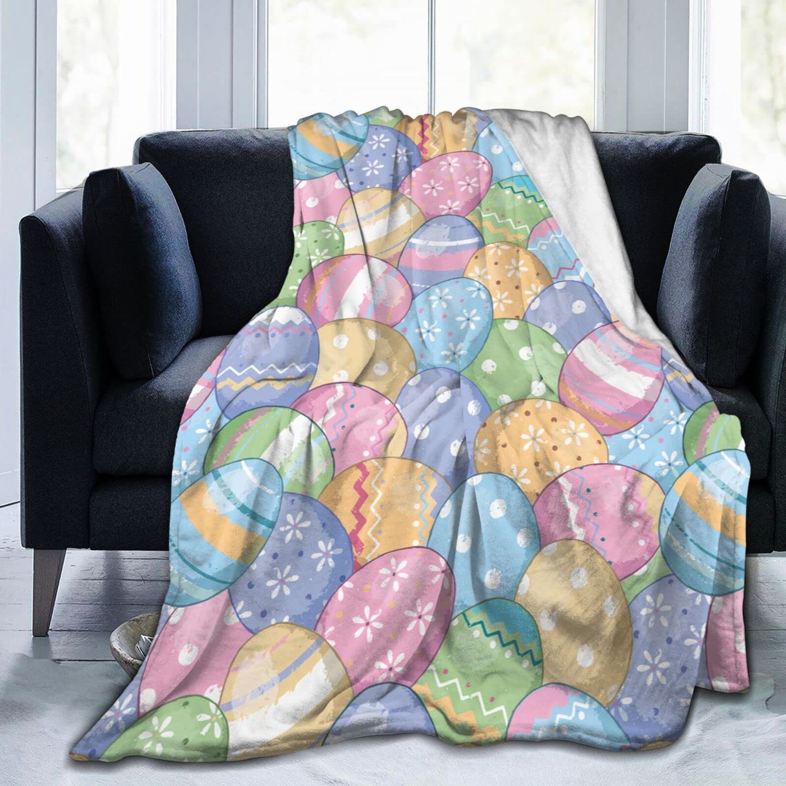 Lsjuee Easter Eggs Throw Blanket Warm Cozy Lightweight Blankets Easter Gift Soft Flannel Blanket for Sofa Couch Bed Office Holiday Decorative 80"X60"