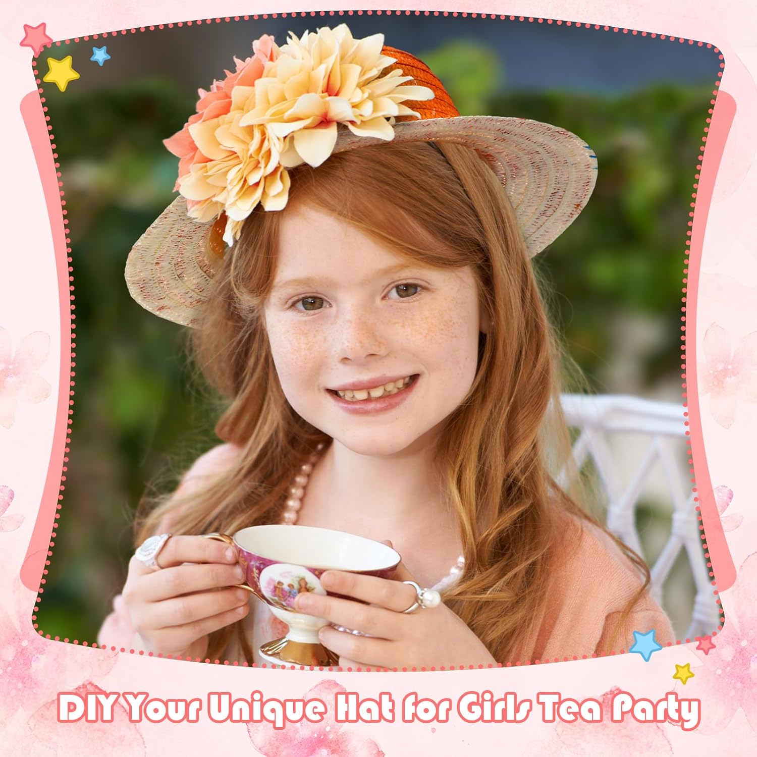 Mepase 70 Pcs DIY Cowboy Kids Hat Set with Flowers - 10 Straw Hats, 60 Artificial Flowers for Tea Party and Dress Up