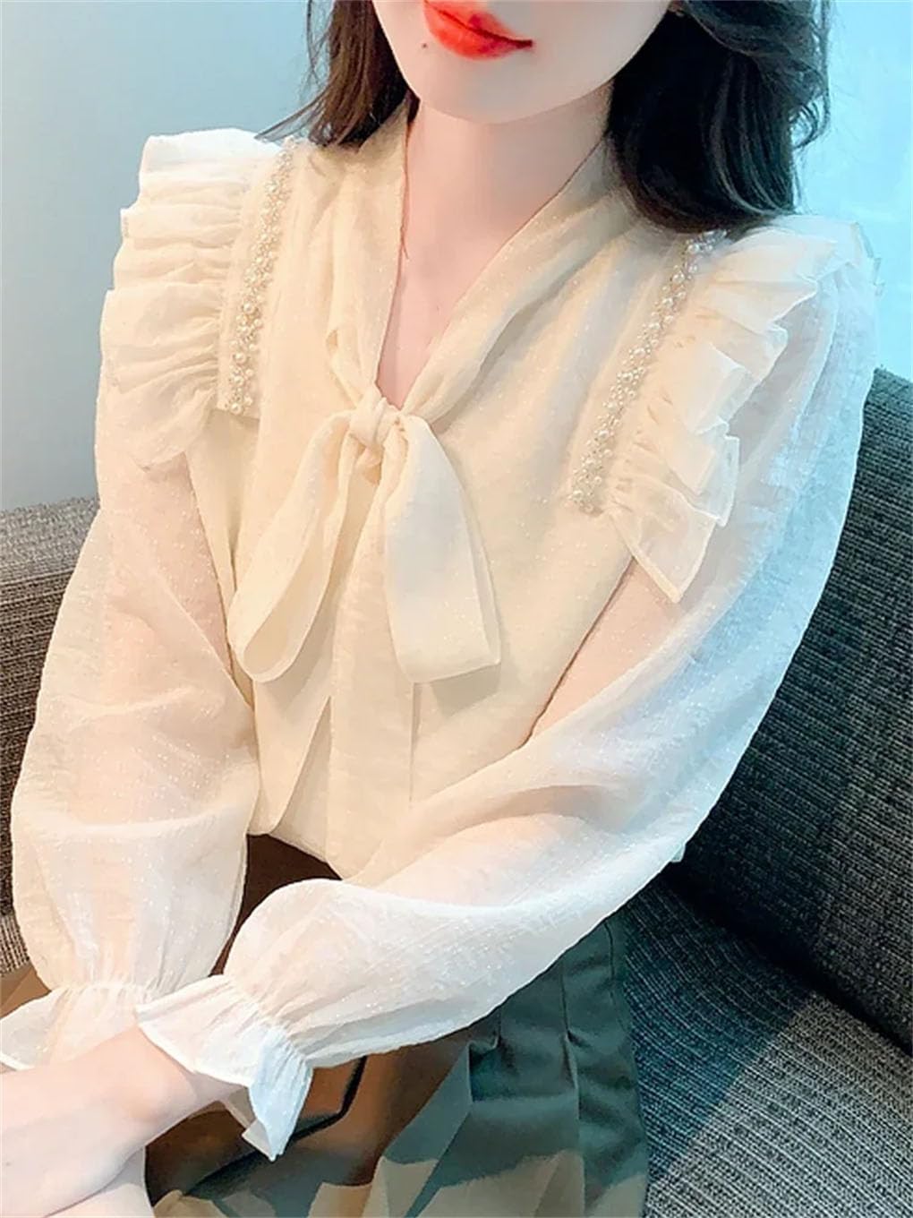 Blusa de manga larga para mujer, cuello de lazo, volantes, gasa, blusa regular
