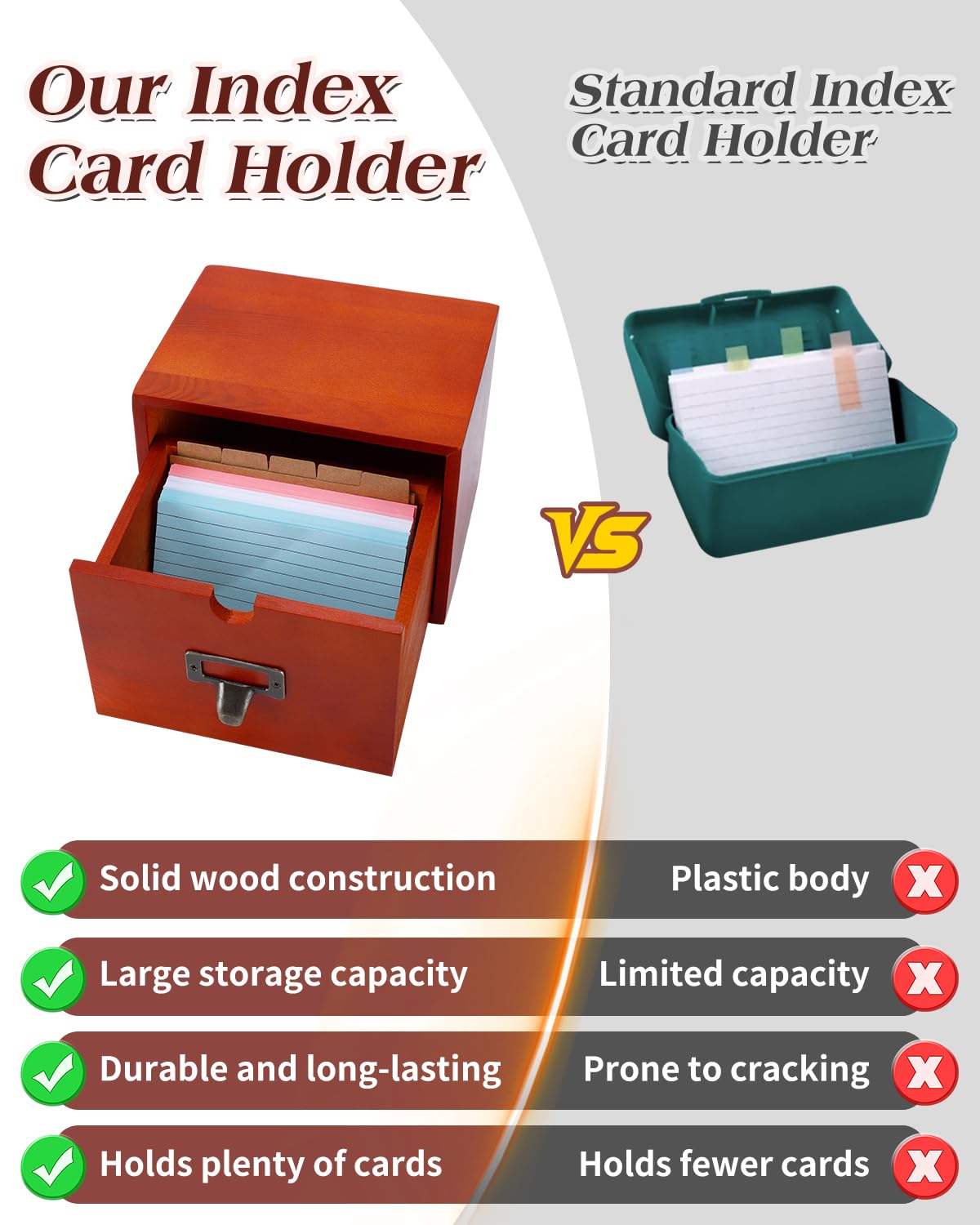 Organiseur de cartes d'index en bois massif avec tiroir pour cartes de recettes, cartes flash, cartes de visite, intercalaires et 150 cartes de couleur 7,6 x 12,7 cm