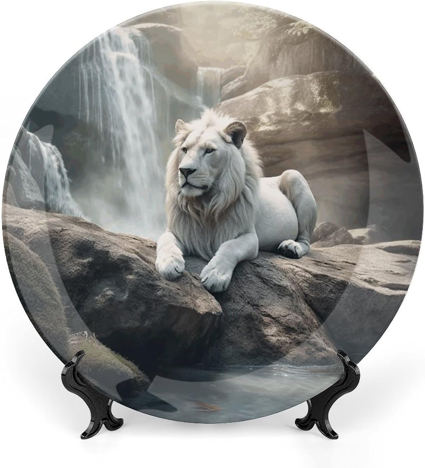 Bone China Decorative Plates Lion on Rock Ceramic Decorative Plate Wall Decor with Display Stand Ceramic Ornaments for Wall Hanging Decoration