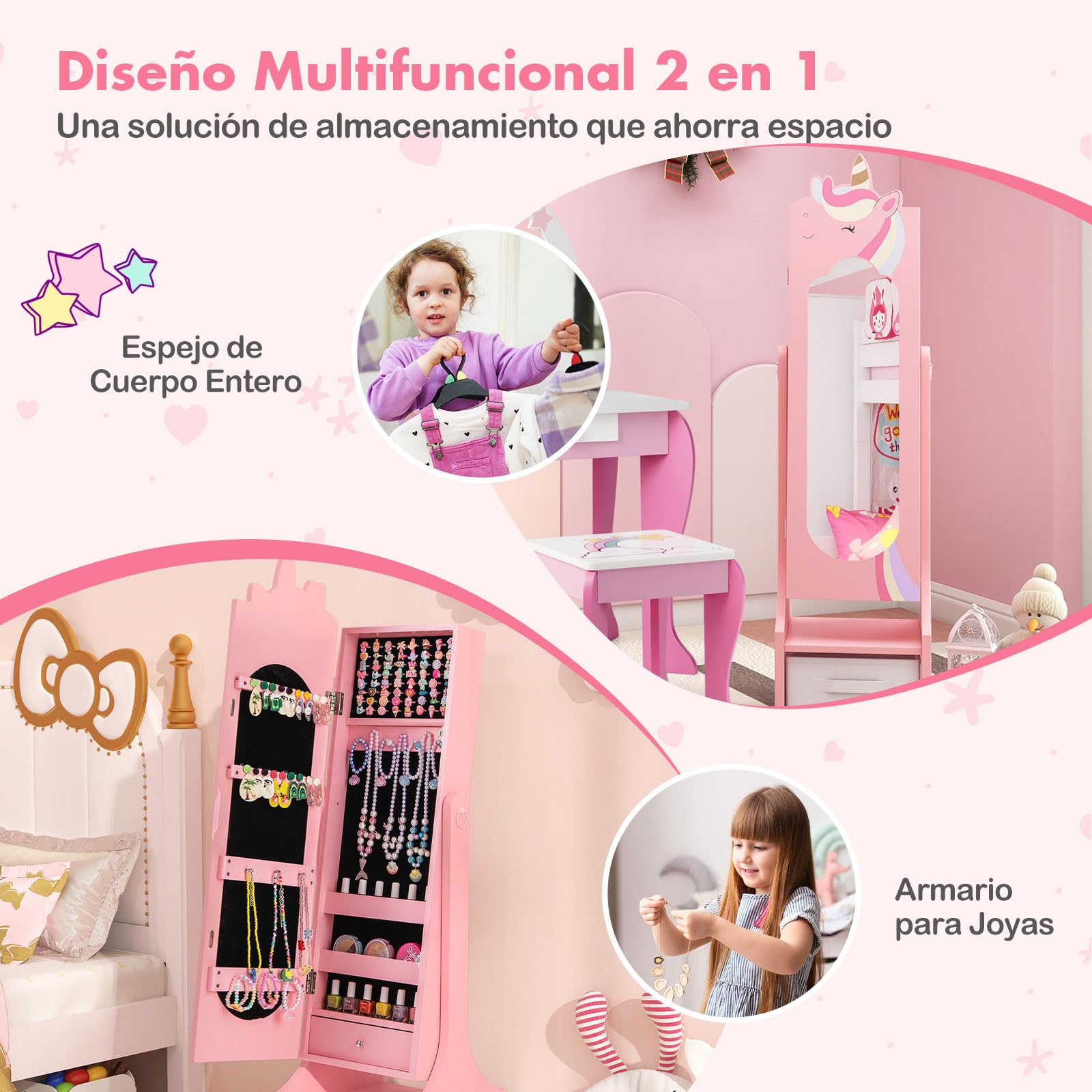 COSTWAY Armario para Joyas para Niños, Unicornio Espejo Joyero de Cuerpo Entero con Almacenamiento y 2 Ángulos Inclinados, Espejo de Vanidad con Ganchos, Estantes y Cajones (Rosa)