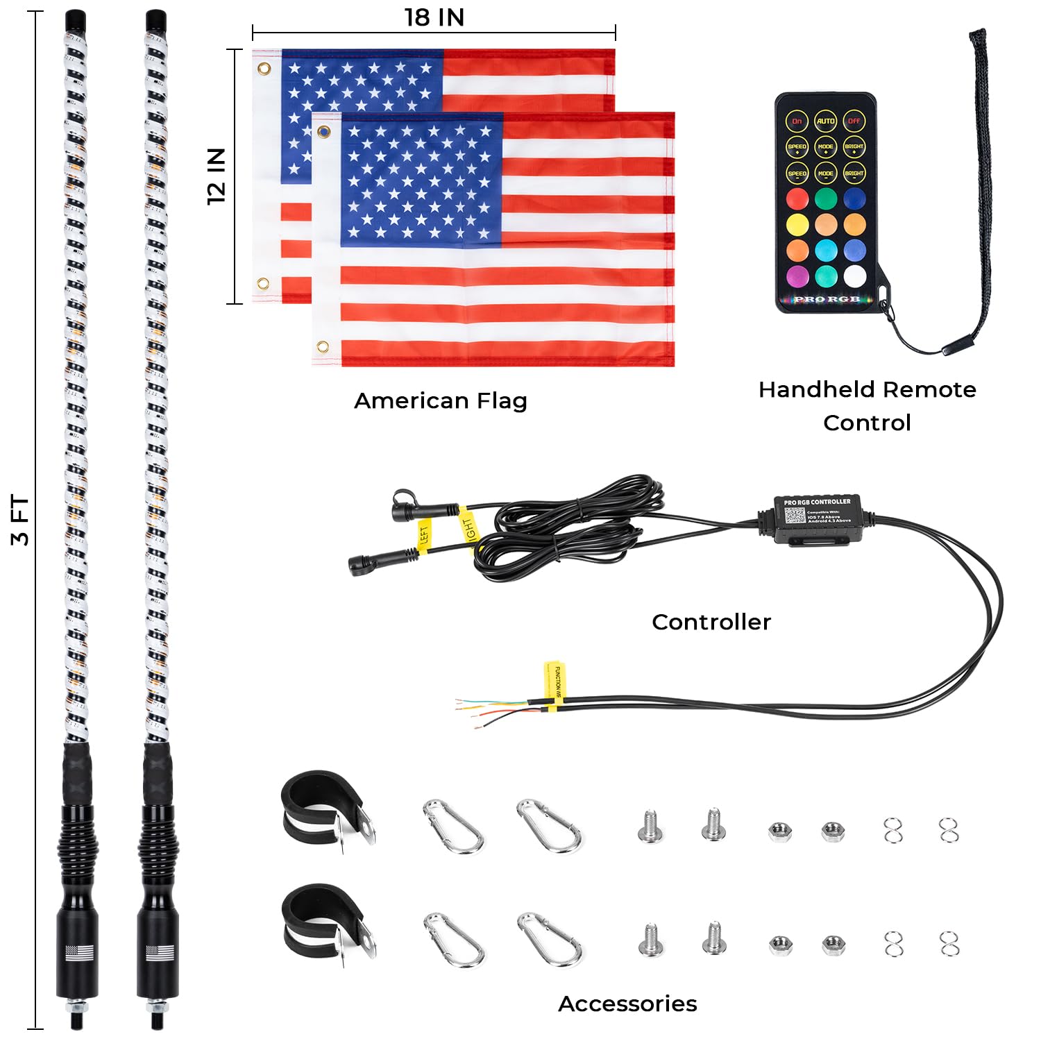 omotor 2PCS 3FT LED White Fantasy Whip Lights Spiral RGB Chase Light with White Surrounding Light Strip