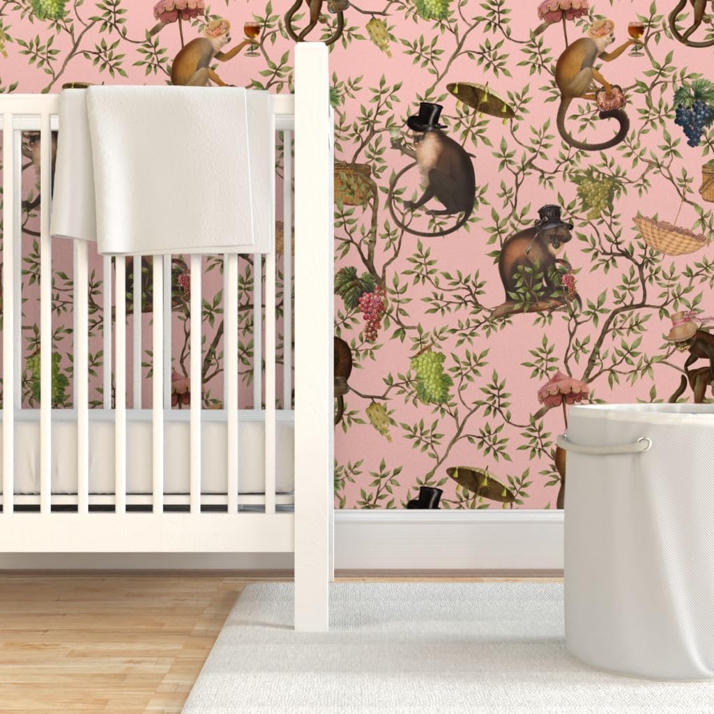 Peel & Stick Wallpaper 3ft x 2ft - Antique Chinoiserie Whimsical Drunk Monkey Marie Antoinette Rococo Garden Floral Custom Removable Wallpaper by Spoonflower