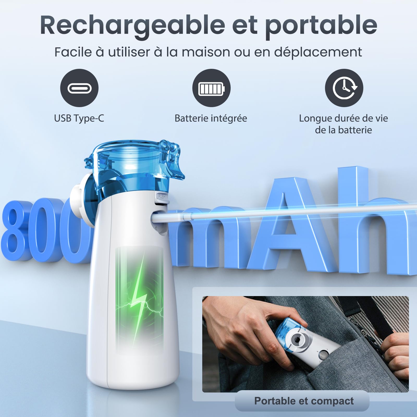 Nebulisateur Silent, Nebulisateur USB-C Rechargeable Pour Adultes et Enfants, Avec Affichage Numérique, Nebulisateur à Ultrasons Avec 2 Masques et un Embout Buccal–Gris