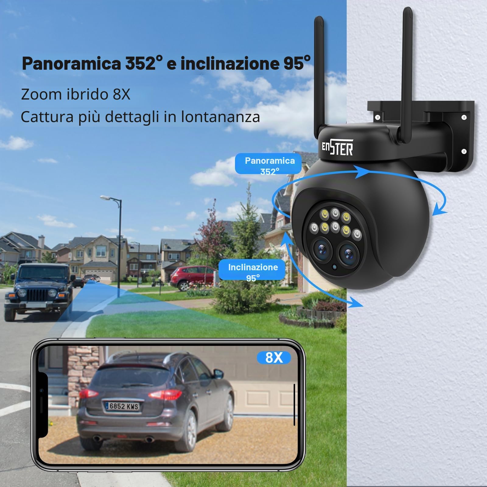 ENSTER PTZ Telecamera Wi-Fi Esterno con Doppio Obiettivo, 2K Camera IP Sorveglianza Tracciamento Auto dello Zoom Rilevamento Umano 8X Zoom Híbrido,Visione Notturna a Colori,Audio Bidirezionale
